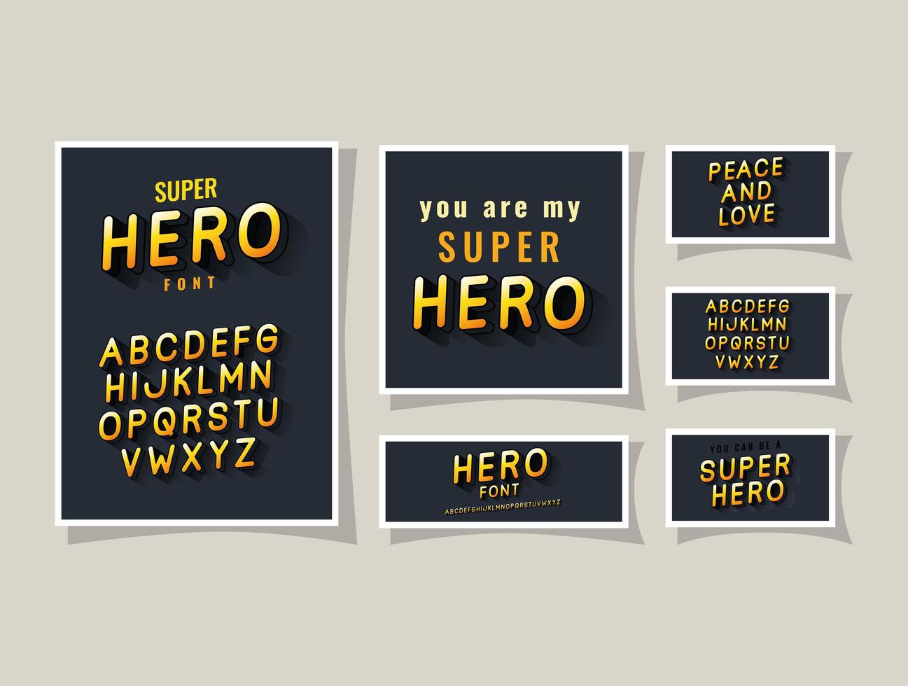 Letras de superhéroe 3D y alfabeto sobre fondos grises diseño vectorial vector