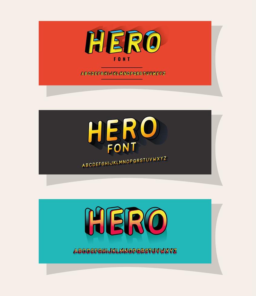 Letras de héroe 3d en diseño vectorial de fondos rojos, grises y azules vector