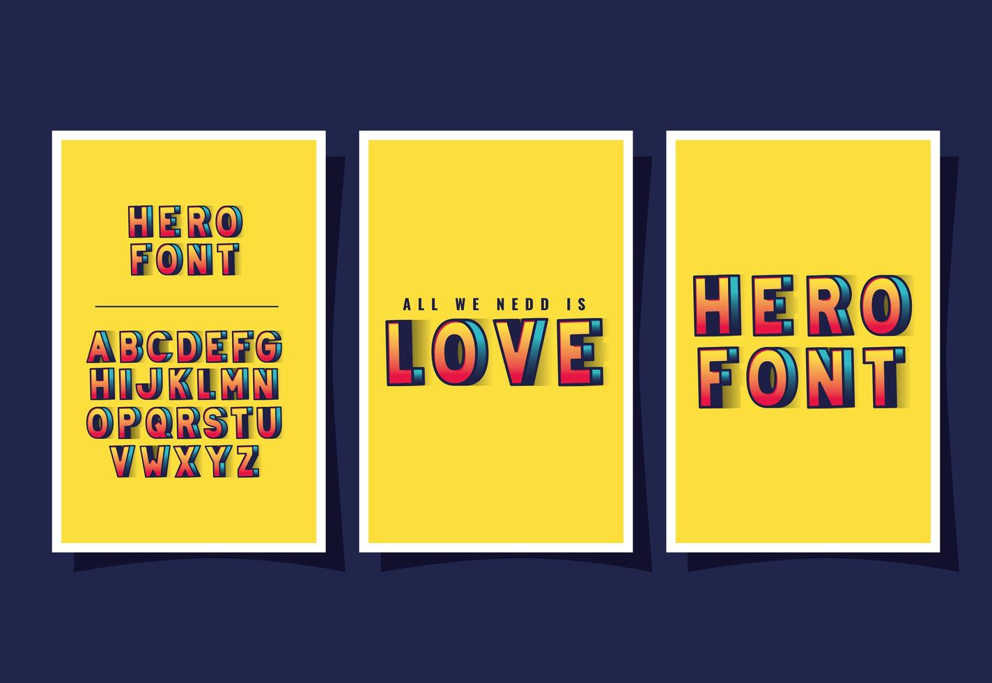 Letras de amor de superhéroe 3d y alfabeto sobre fondos amarillos diseño vectorial vector