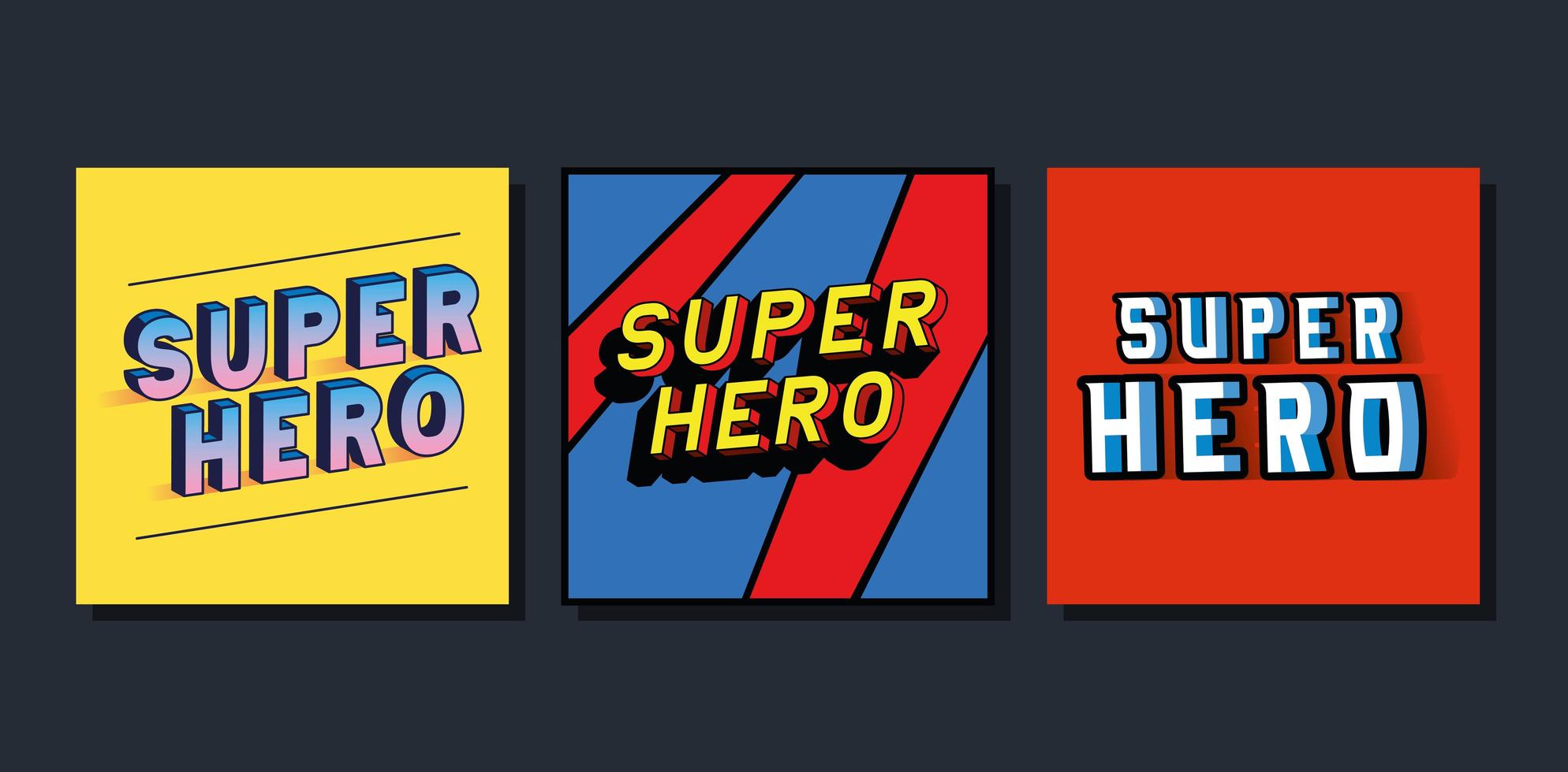 3d super hero lettering set on colored backgrounds vector design