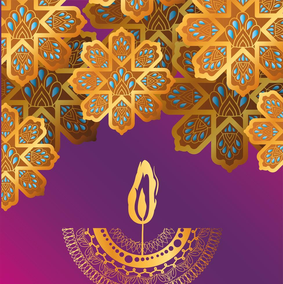 Happy diwali candle and gold arabesque flowers on pink and purple gradient background vector design