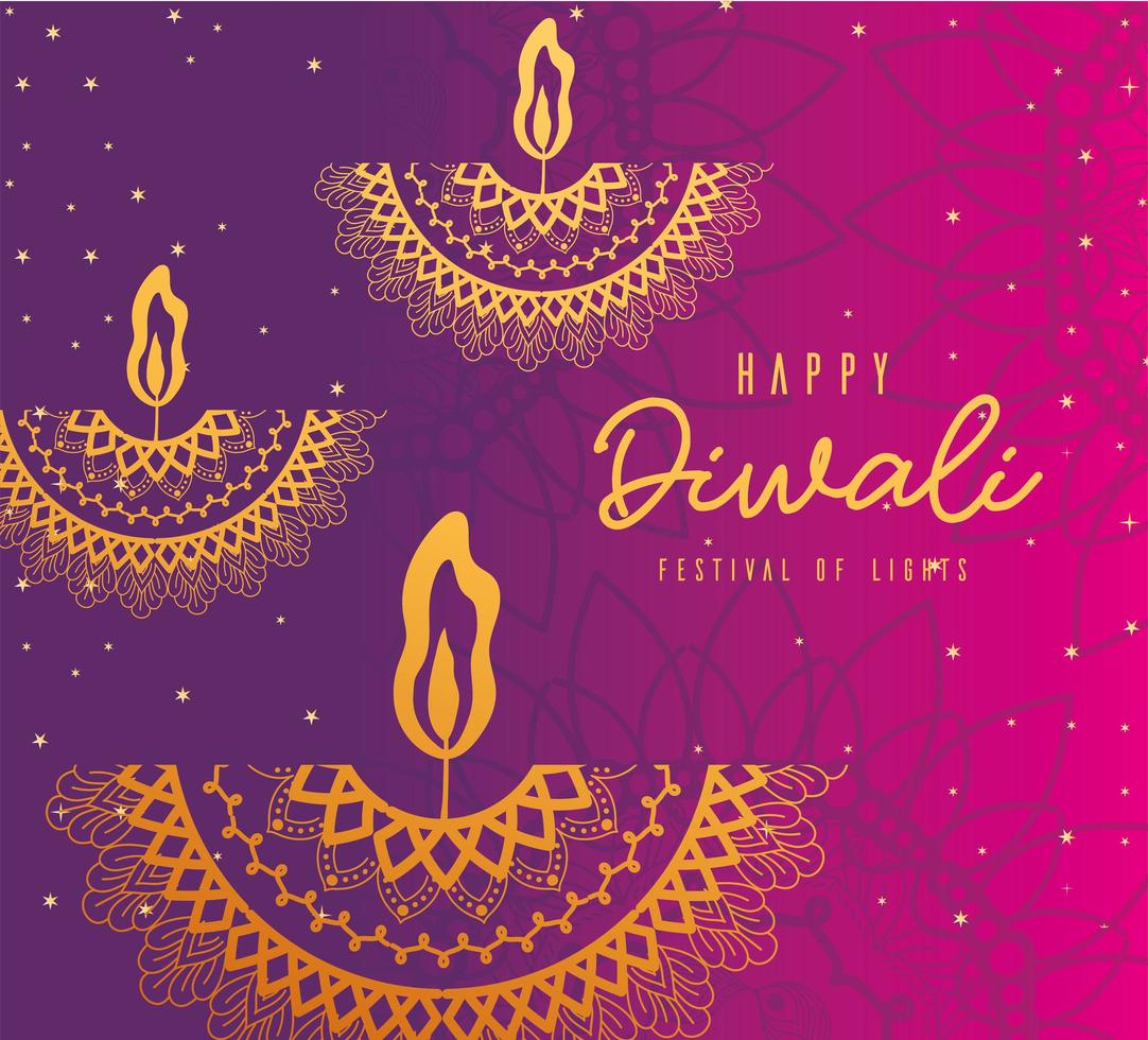 Happy diwali gold arabesque mandala candles on pink and purple gradient background vector design