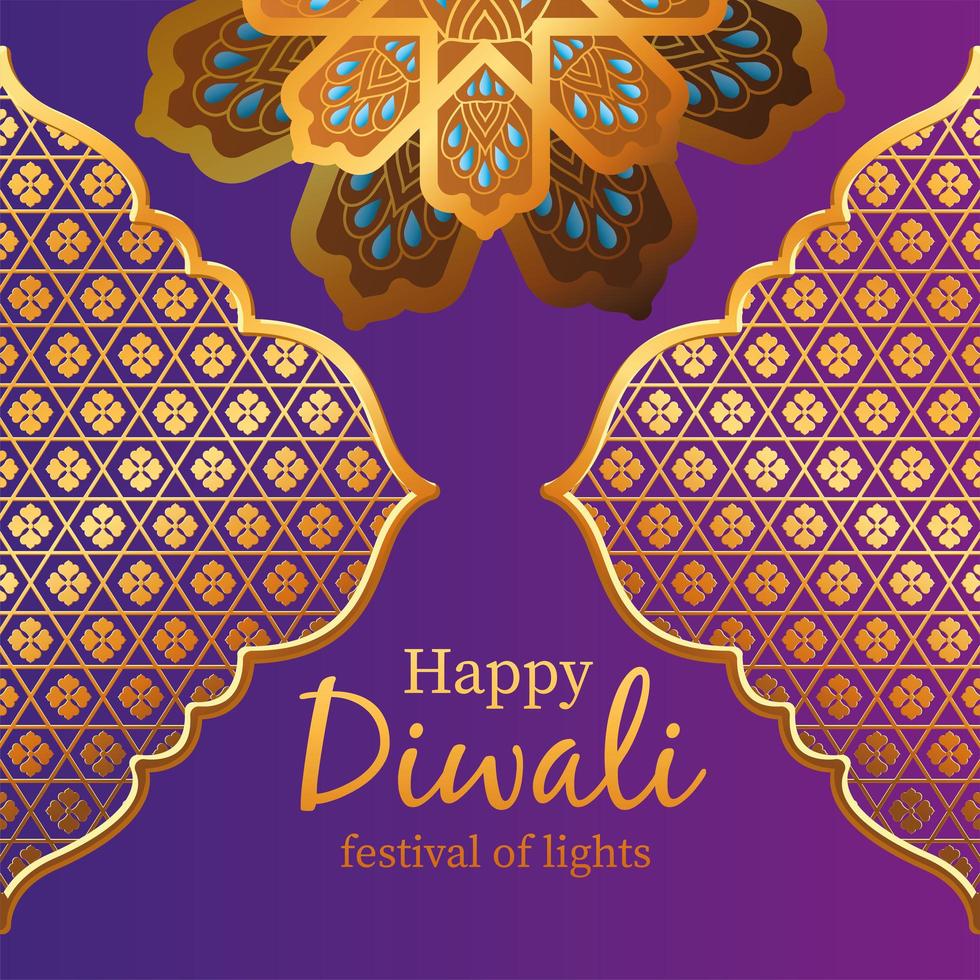 Happy diwali gold arabesque flowers and frames on purple background vector design