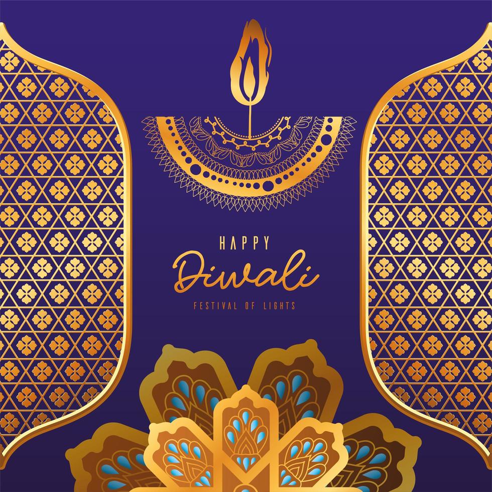 Happy diwali candle gold arabesque flowers and frames on blue background vector design
