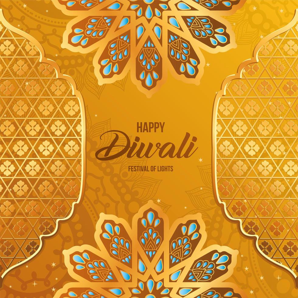 Happy Diwali Gold arabesque Flowers and Frameson naranja con diseño de vector de fondo de mandalas