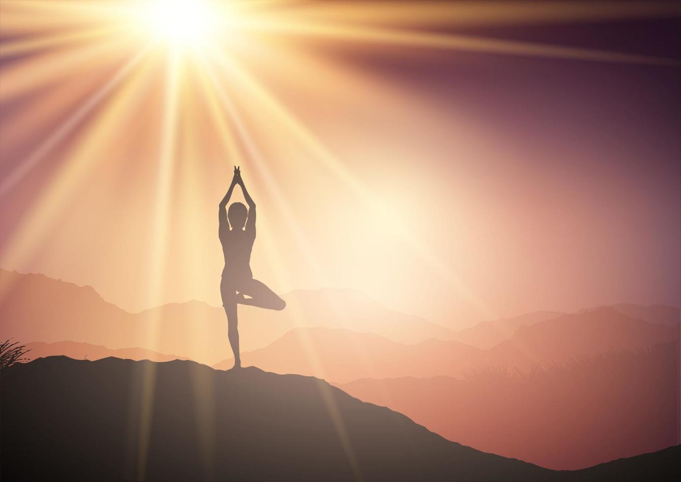 mujer en pose de yoga en el paisaje al atardecer vector