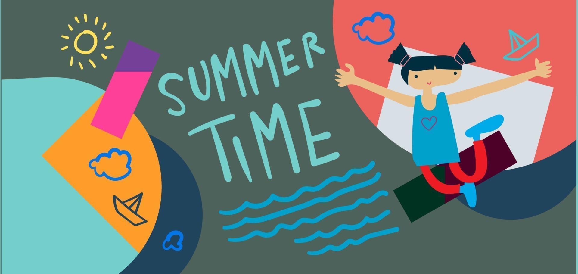 Summer time holiday season banner illustration for kids vacation vector