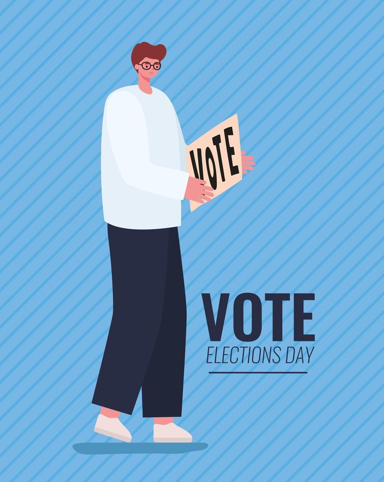  hombre de dibujos animados con banner de voto para el día de las elecciones   Vector en Vecteezy