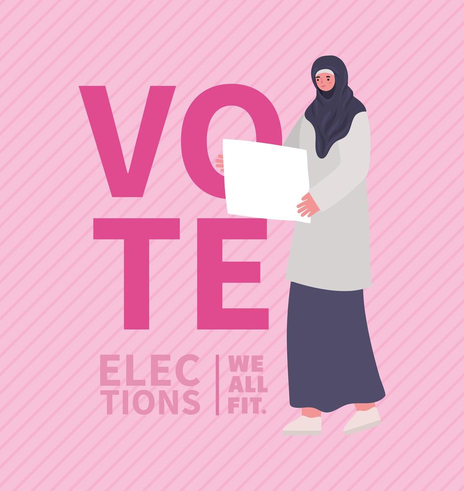 mujer musulmana de dibujos animados con banner para el día de las elecciones vector