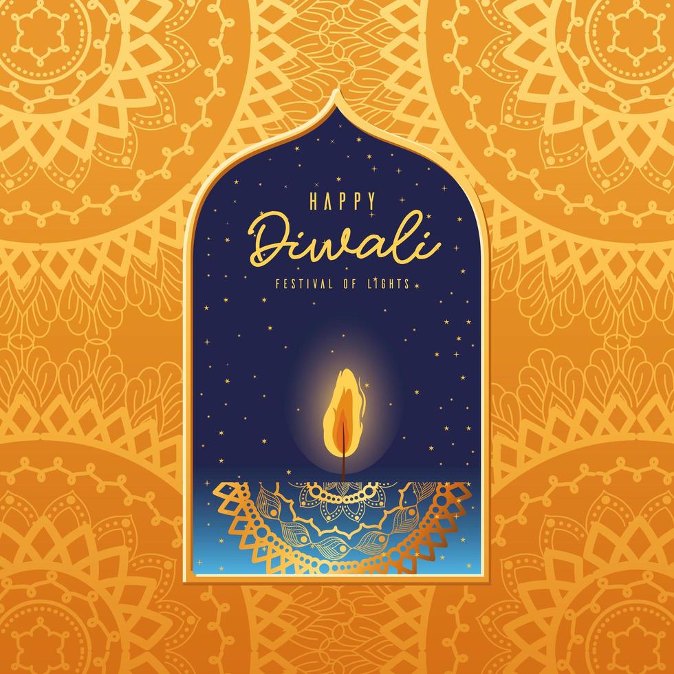 Happy Diwali candle card with arabesque mandala background vector