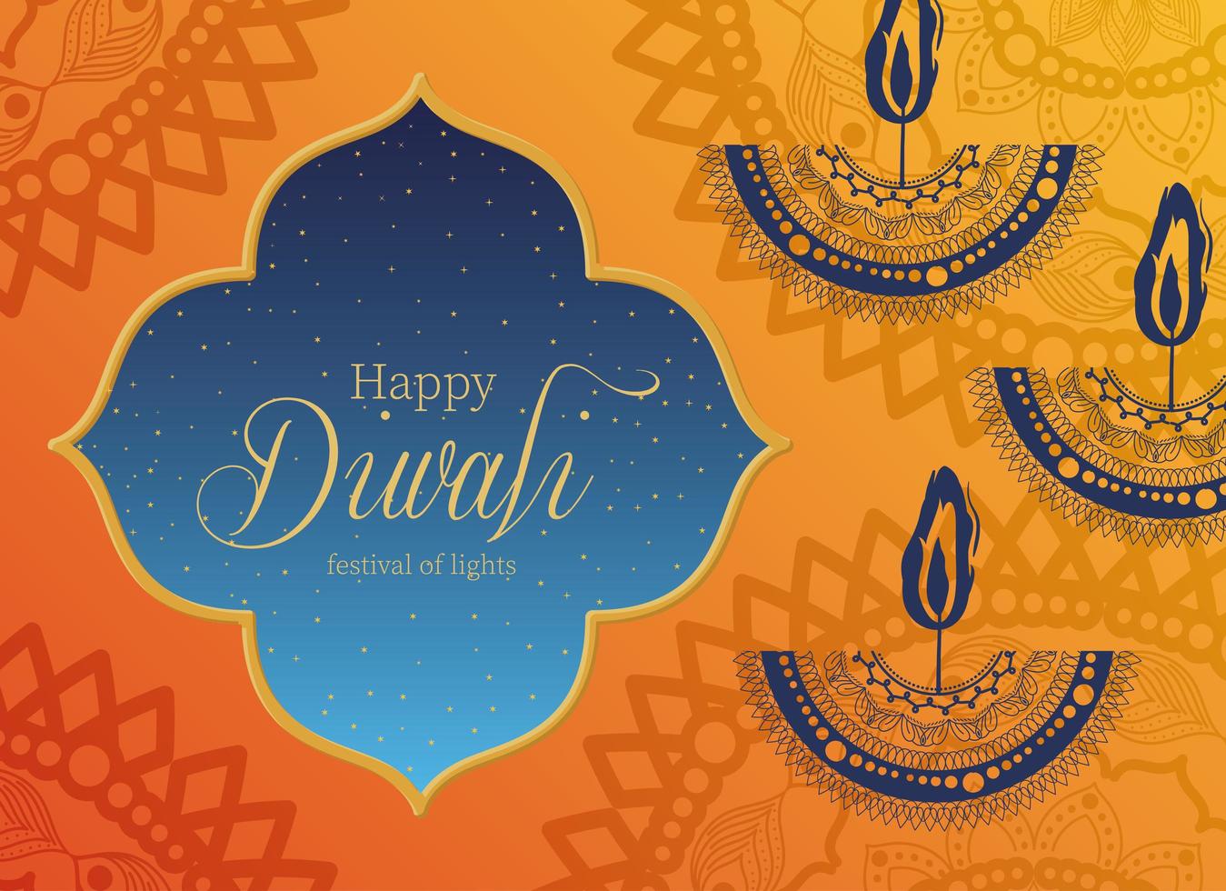 Happy Diwali candles card with arabesque mandala background vector