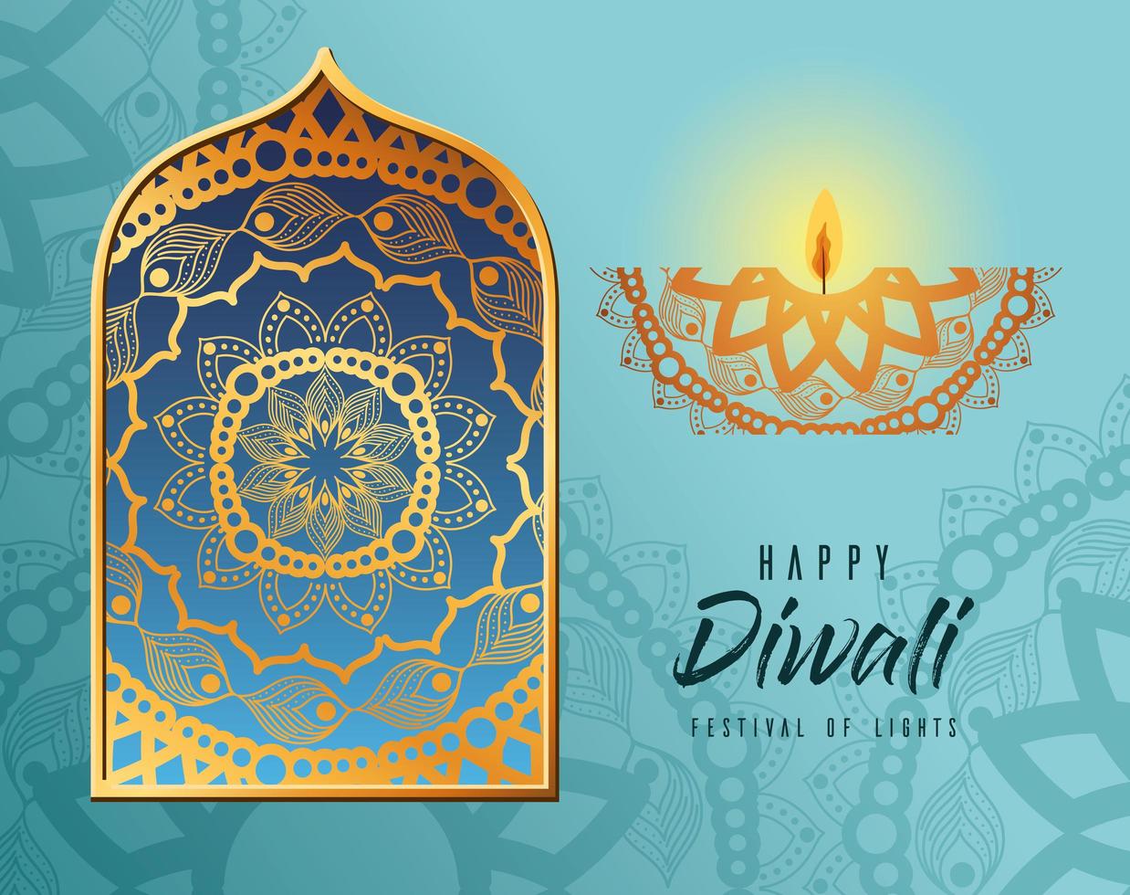 Happy Diwali candle card with arabesque mandala background vector