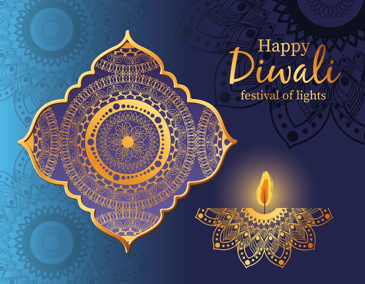 Happy Diwali candle card with arabesque mandala background vector