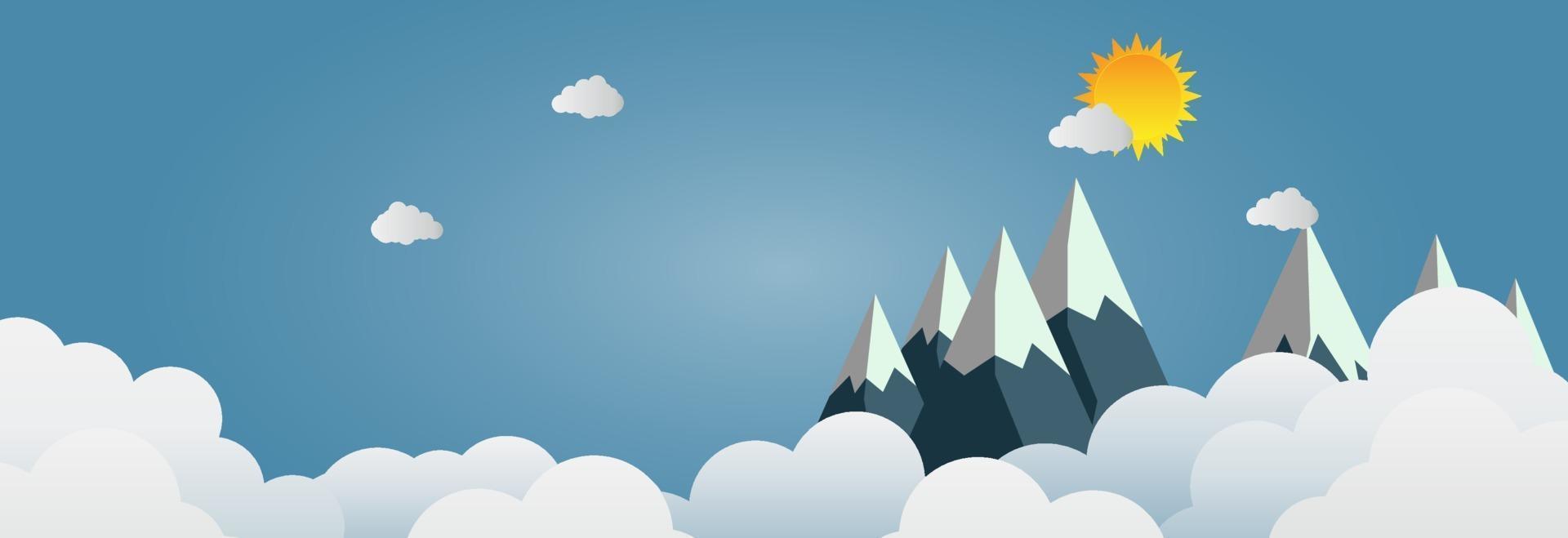Mountains with beautiful sunset over the clouds. Paper art vector illustration