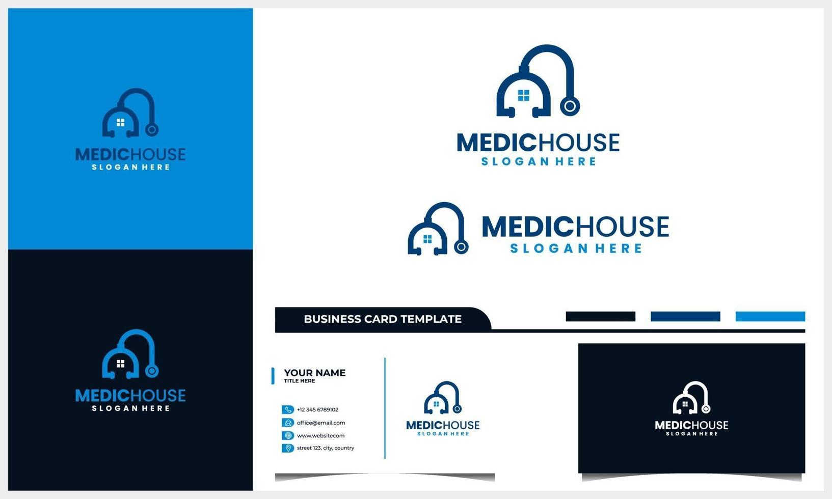 Logotipo de hogar médico con estetoscopio y concepto de icono de casa y plantilla de tarjeta de visita vector