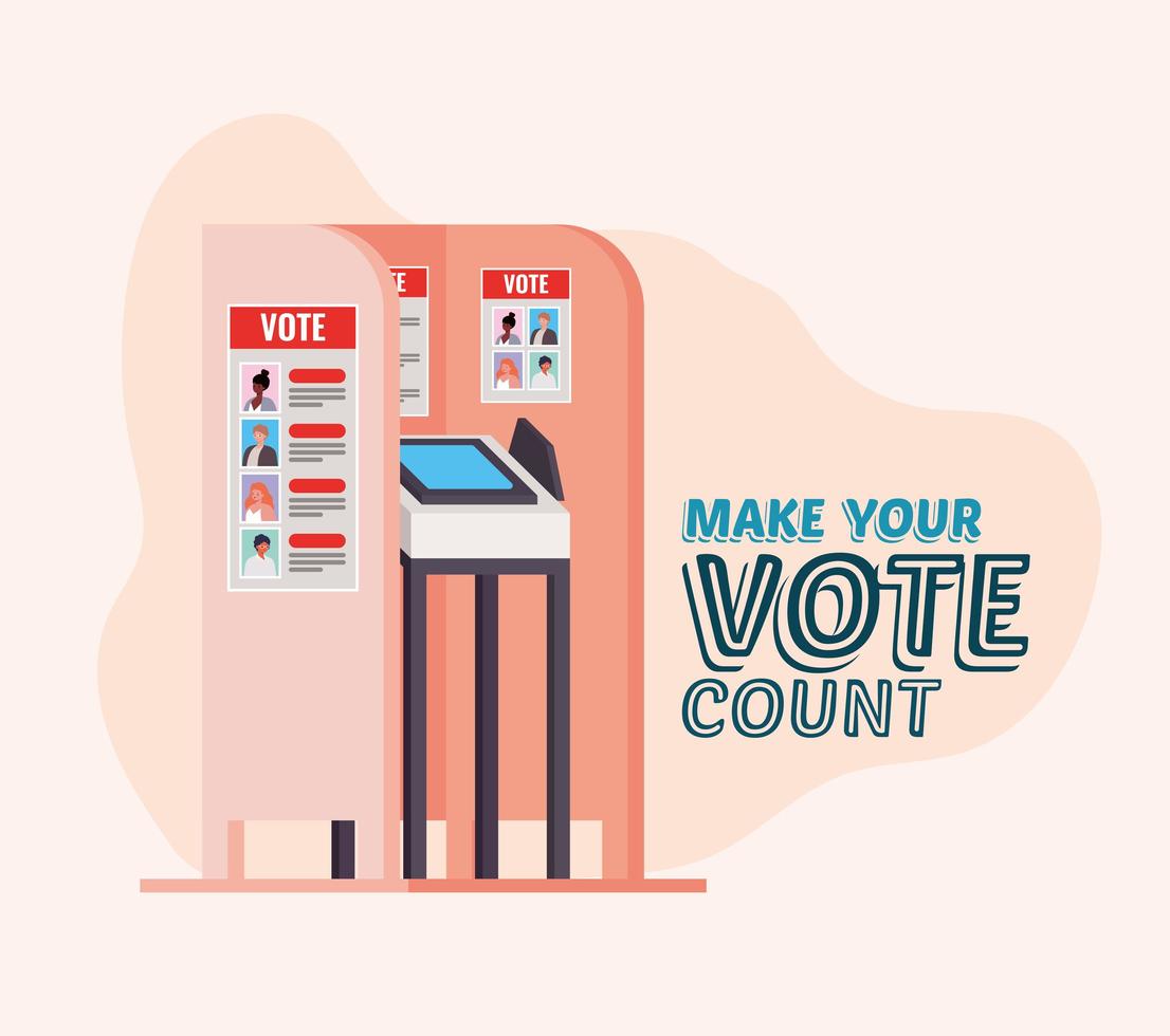 Cabina de votación con diseño de vector de texto para hacer que su voto cuente