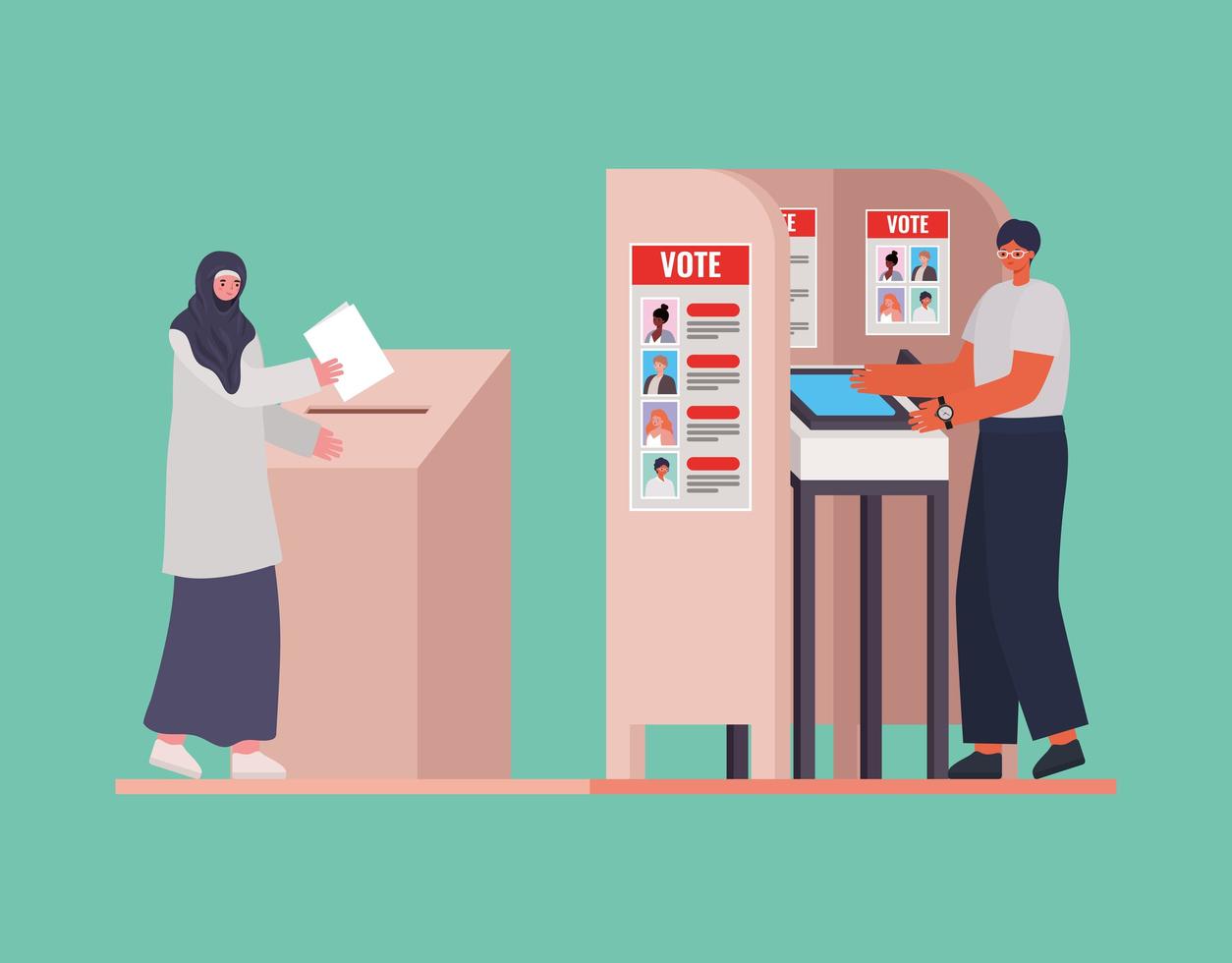 Mujer musulmana y hombre con caja de votación y diseño vectorial de cabina vector