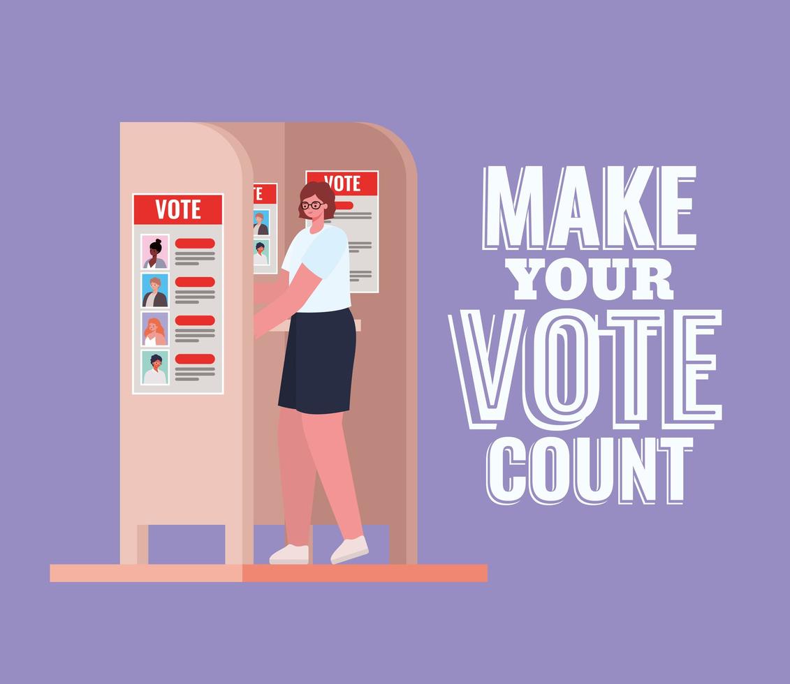 Mujer en la cabina de votación con diseño de vector de texto para hacer que su voto cuente