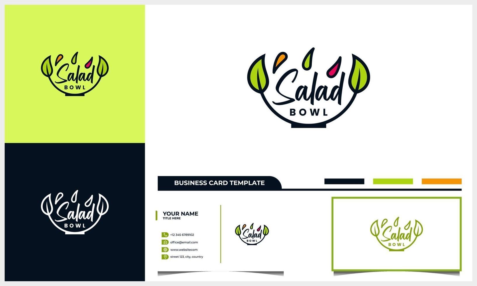 Logotipo de ensalada con tazón y hojas o concepto de hoja y plantilla de tarjeta de visita vector