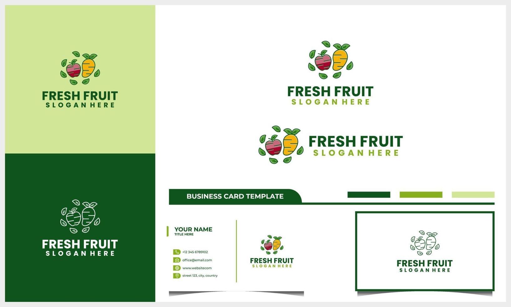 fruta fresca de manzana y mango con logotipo de hoja natural con plantilla de tarjeta de visita vector