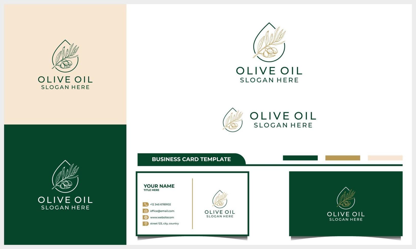 etiqueta dibujada a mano del logotipo de aceite de oliva virgen extra con plantilla de tarjeta de visita vector