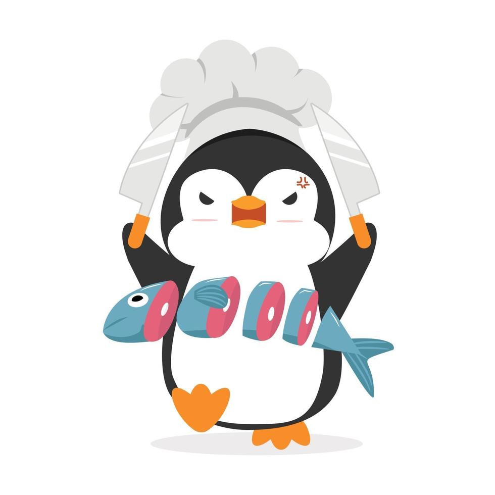 chef cocinero pingüino con pescado vector