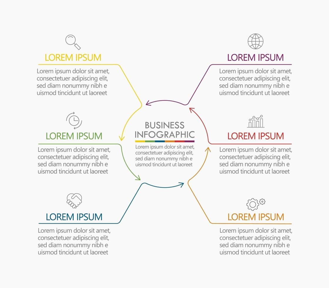 Plantilla de infografía de flecha de línea delgada circular con 6 opciones. vector