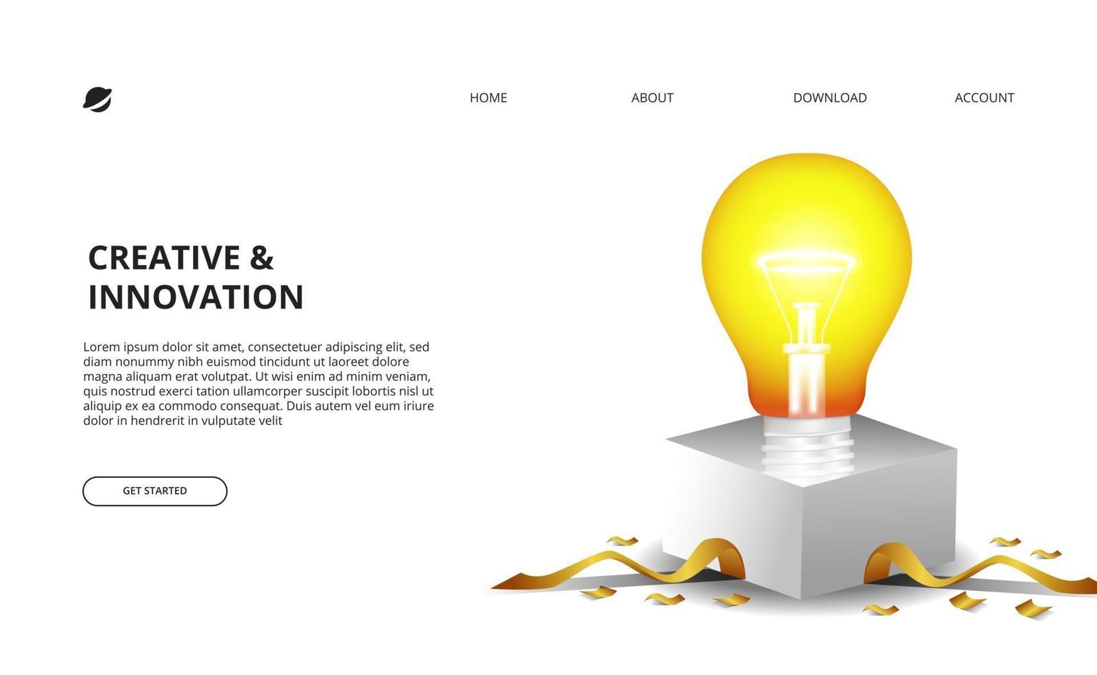 3D light bulb glow with white box and golden confetti illustration for business, and innovation concept vector