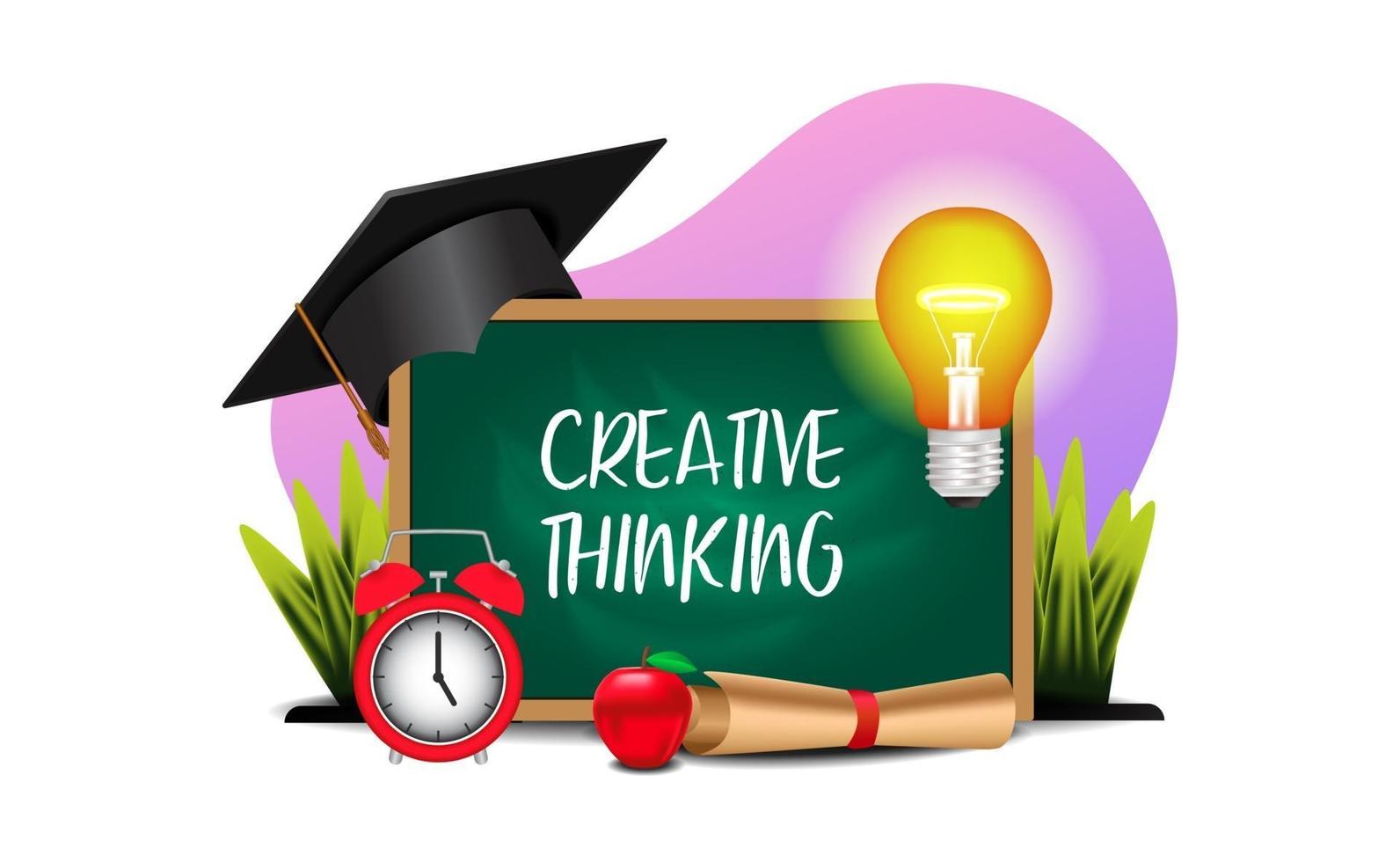 Creative education thinking concept with illustration of chalkboard, light, graduation cap vector