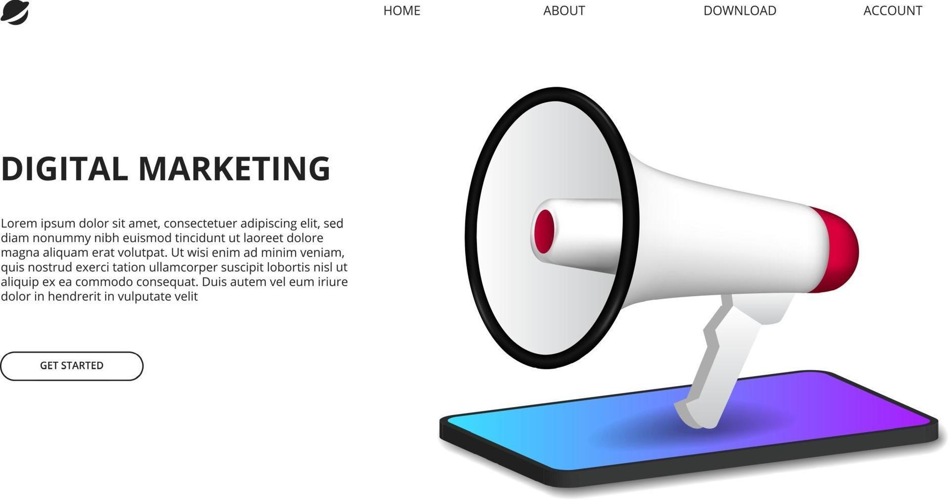 digital marketing concept with illustration of megaphone with perspective 3D smartphone for internet advertising promotion vector