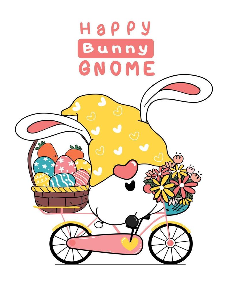 Cute easter Gnome bunny ears cartoon on pink sweet floral bicycle with easter egg basket. Happy Easter, Cute doodle cartoon vector spring Easter clip art