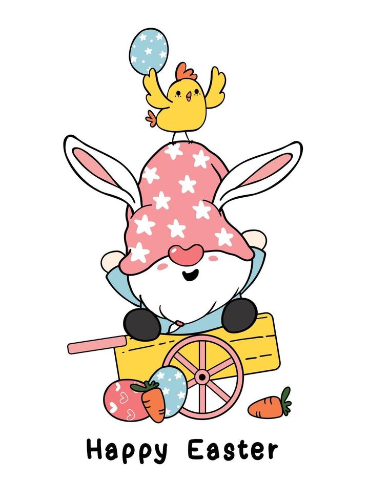 Cute dibujos animados de orejas de conejo de gnomo de pascua y bebé pollito amarillo en carro de madera con huevos de pascua. feliz pascua, lindo, garabato, caricatura, vector, primavera, pascua clip art vector