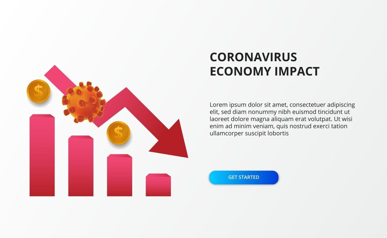 propagar el impacto de la economía del coronavirus. caída de la economía. golpeó el mercado de valores y la economía global. Gráfico con virus 3d y concepto de flecha bajista roja vector