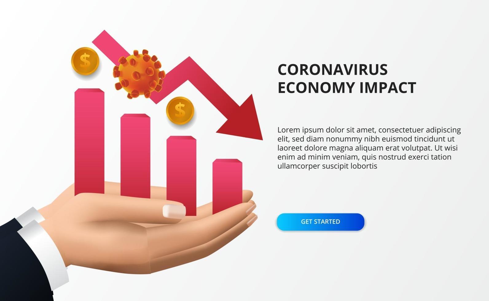 Spread coronavirus economy impact. Economy downfall. Hit stock market and global economy. Red graph and red bearish arrow concept vector