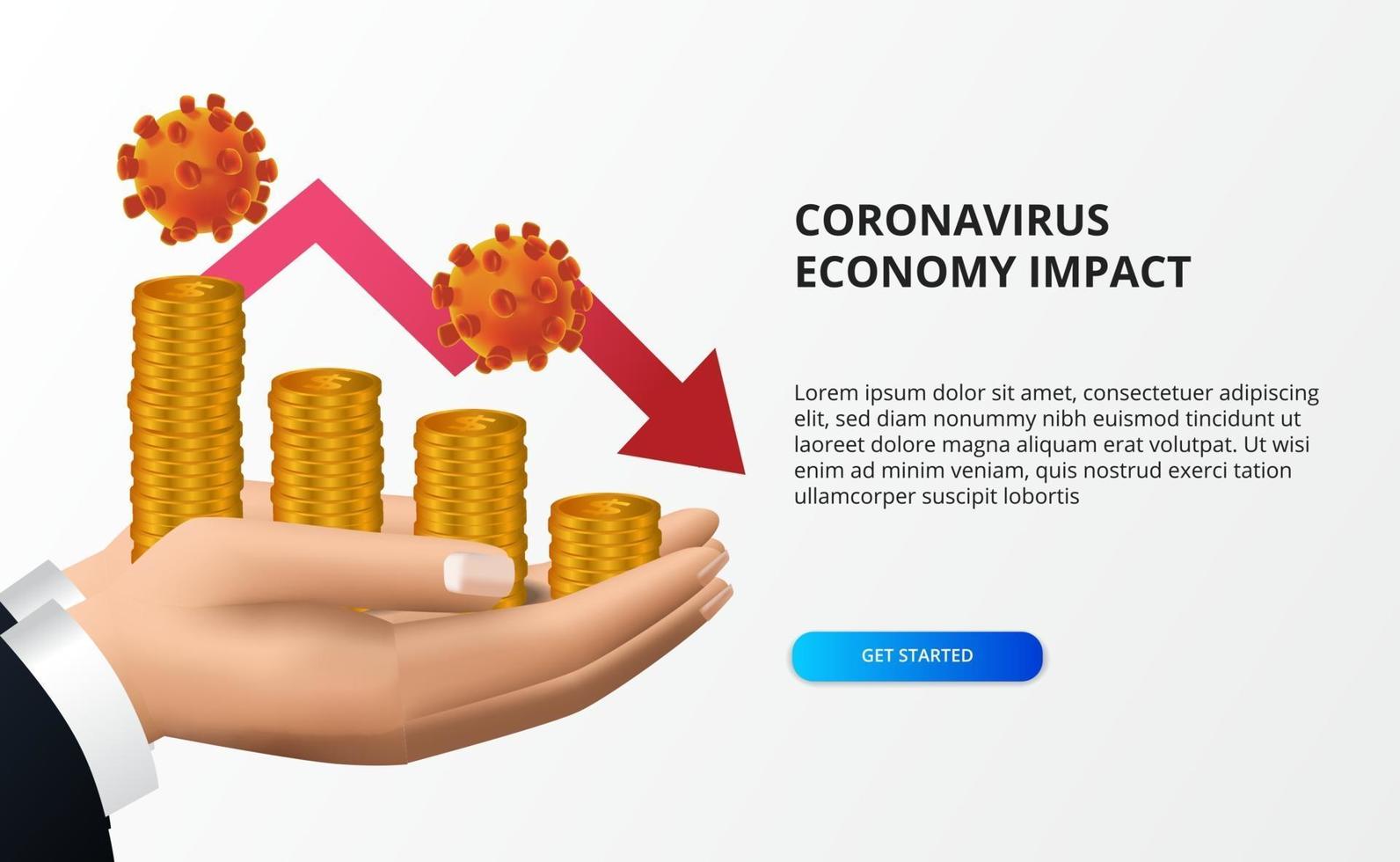 propagar el impacto de la economía del coronavirus. caída de la economía. golpeó el mercado de valores y la economía global. mano que sostiene el dinero y el concepto de flecha roja bajista vector