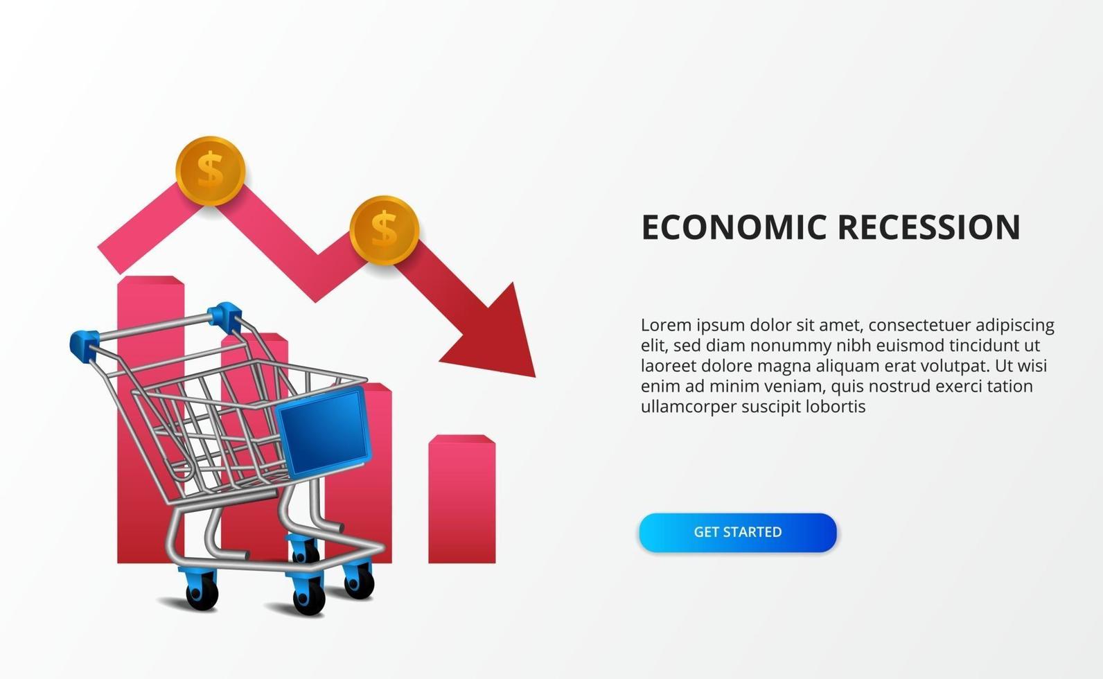 difundir el impacto económico y la recesión. mercado empresarial de tendencia bajista. Ilustración de carro 3d con flecha bajista. depresión de la economía de la página de destino vector