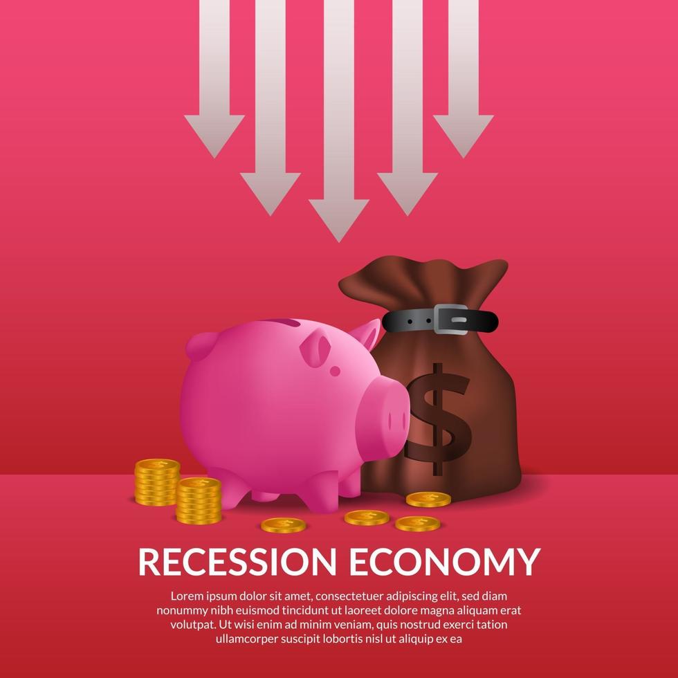 business finance crisis. Global economy recession. Inflation and bankrupt. illustration of money bag, piggy bank, and golden money with drop arrow vector