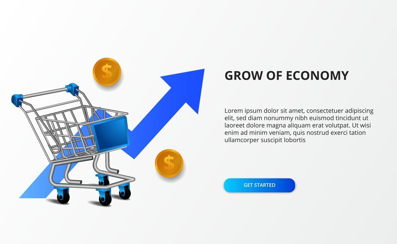 hacer crecer la economía y el mercado. Ilustración de carro 3d y flecha azul alcista. concepto de comercio electrónico y compras en línea. vector