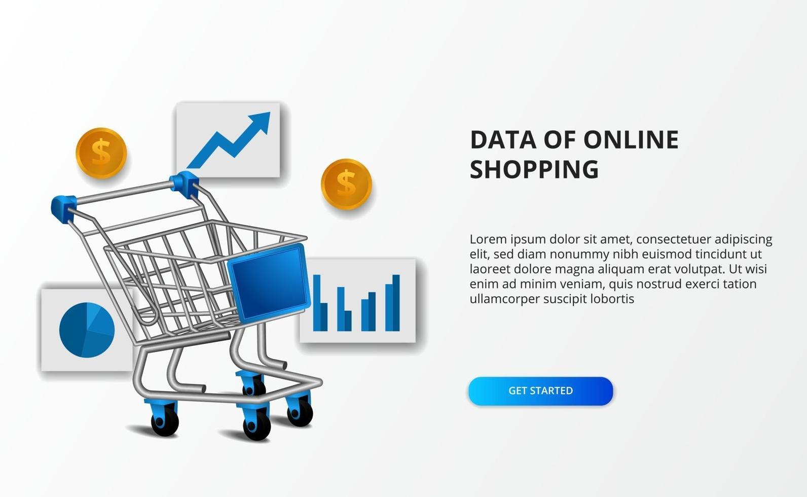 datos de comercio electrónico de compras en línea. Ilustración de carro de la compra con gráfico de datos y dinero dorado. vector