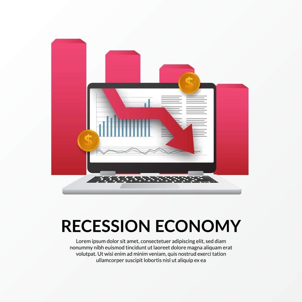 crisis financiera empresarial. recesión de la economía mundial. inflación y quiebra. Ilustración de la computadora portátil de datos y flecha roja hacia abajo vector