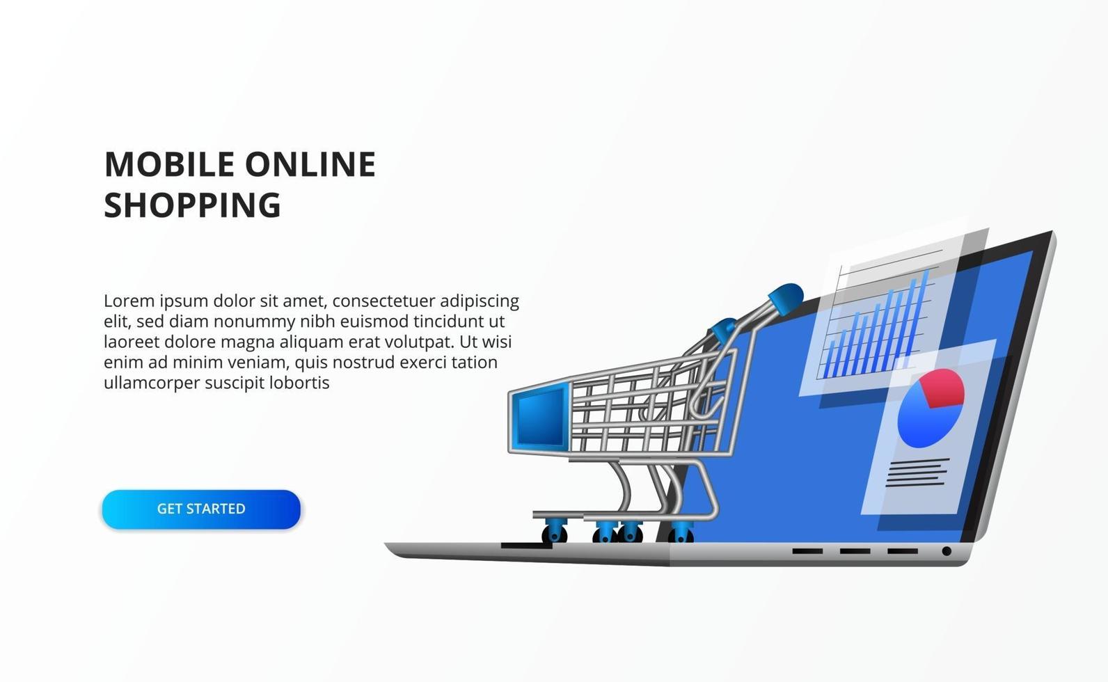 perspective 3D computer laptop illustration with data statistic and trolley cart. Concept of retail shopping data online business e commerce vector