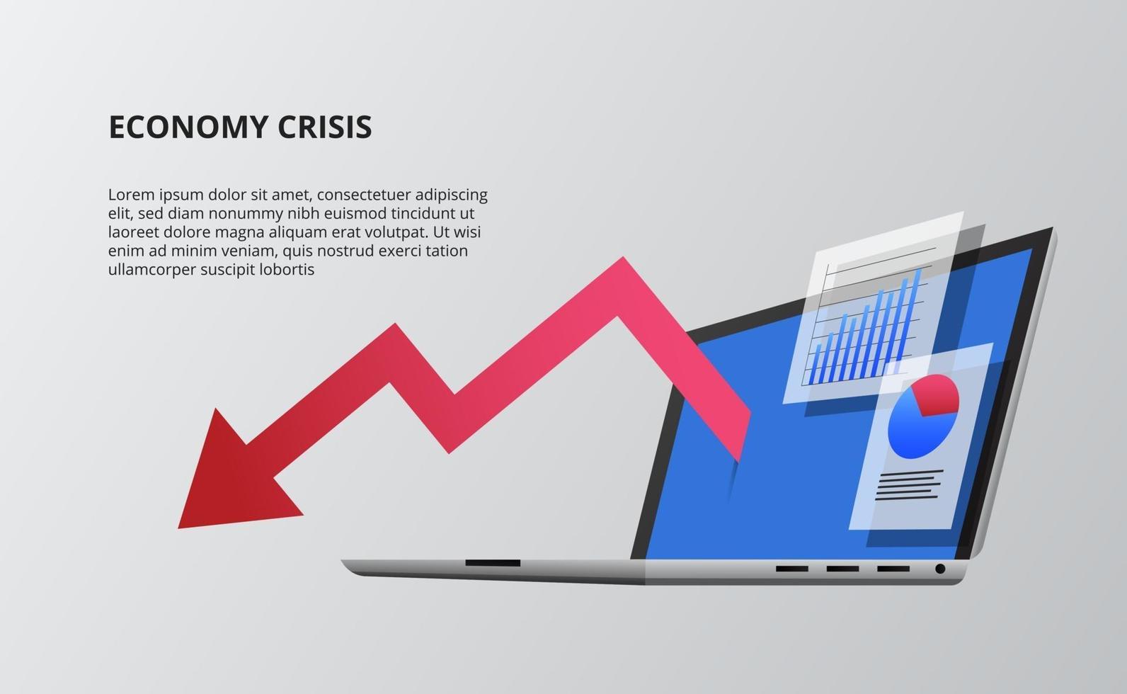 Bearish down economy with red arrow and device open laptop 3D perspective isometric. infographic data visualization vector