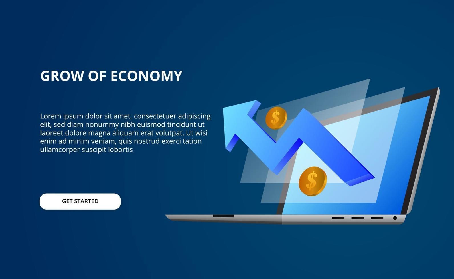 Economía de crecimiento por datos con ilustración 3d de perspectiva computadora portátil y pantalla con flecha azul alcista y dinero dorado vector