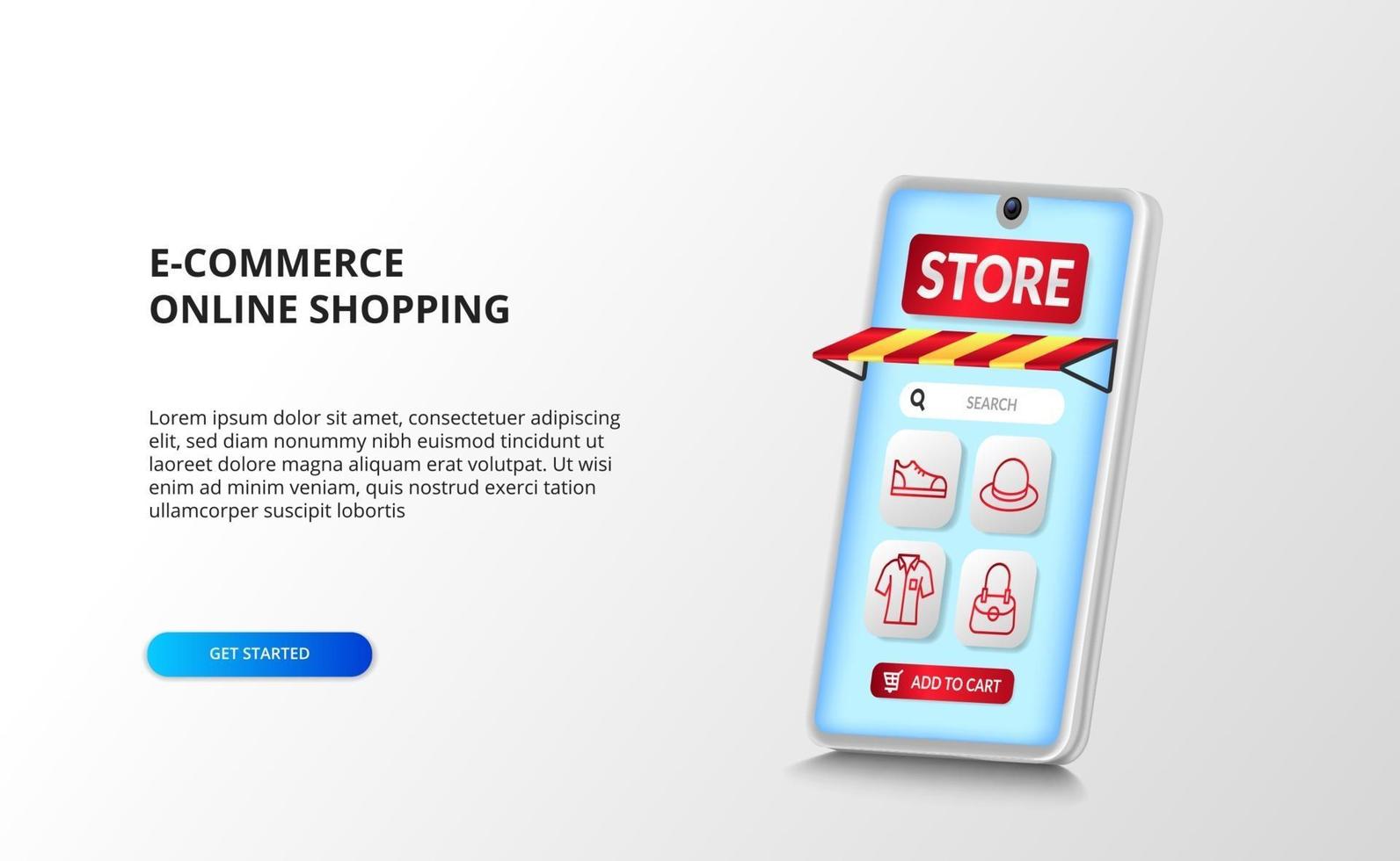 Aplicación de comercio electrónico y compras en línea en el teléfono inteligente con perspectiva 3D con iconos de moda de contorno rojo vector