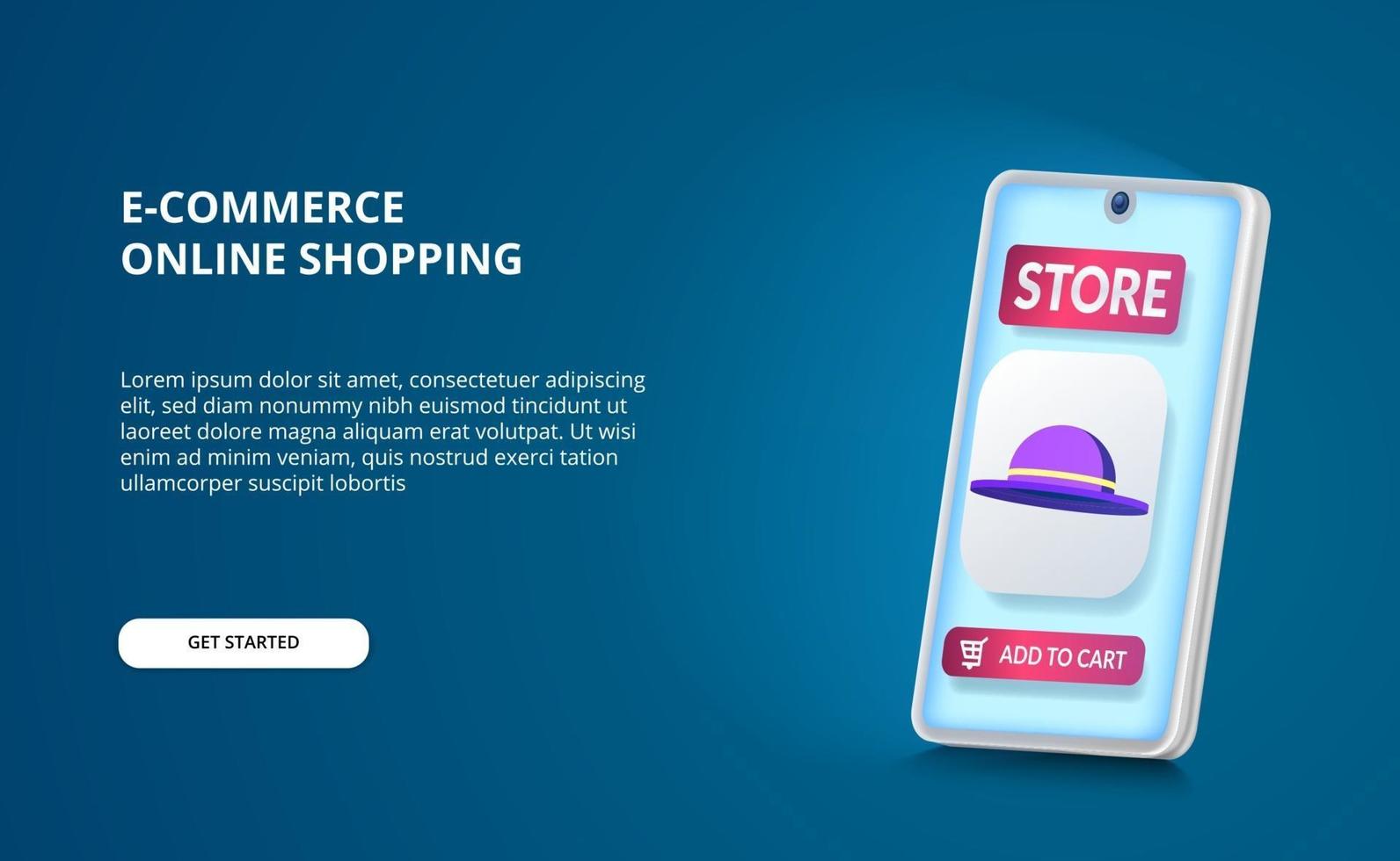 compre compras minoristas en línea con la aplicación de comercio electrónico y el icono de sombrero 3D y la perspectiva del teléfono inteligente 3D con brillo de pantalla azul. vector