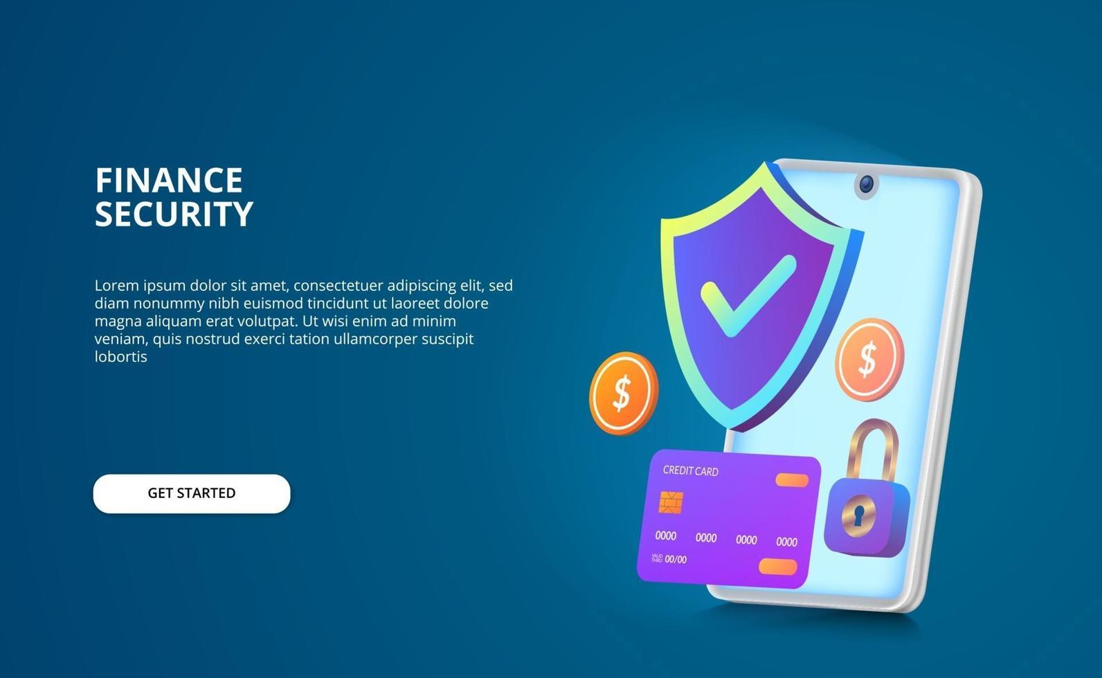 financial security payment concept. Modern illustration with glow screen and gradient color. shield, padlock, coin, credit card 3D with smartphone vector