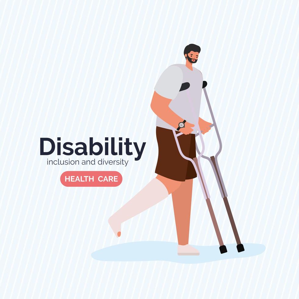 Cartel de concienciación sobre discapacidad con hombre con yeso en la pierna y muletas diseño vectorial vector