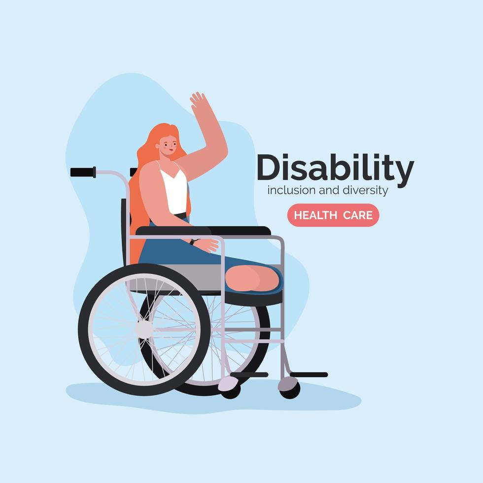 Cartel de concientización sobre discapacidad con mujer en silla de ruedas diseño vectorial vector