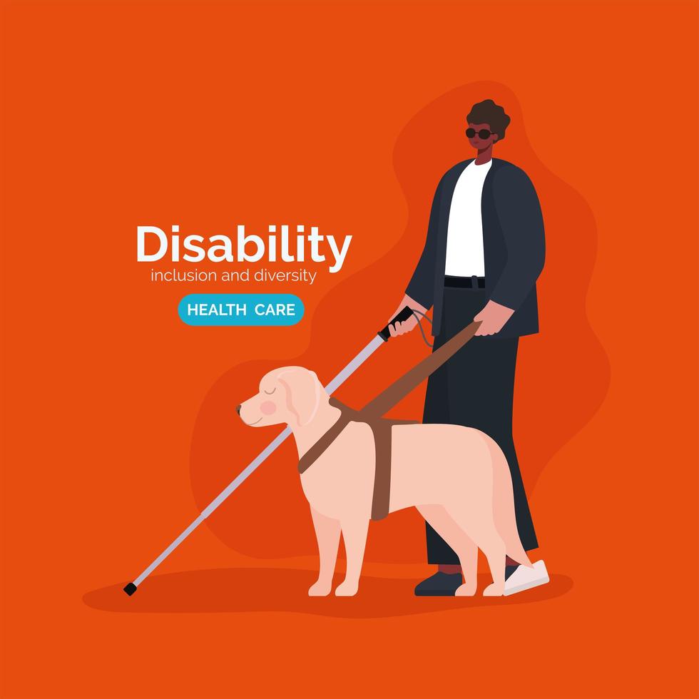 Disability awareness poster with black blind man with cane and dog vector design