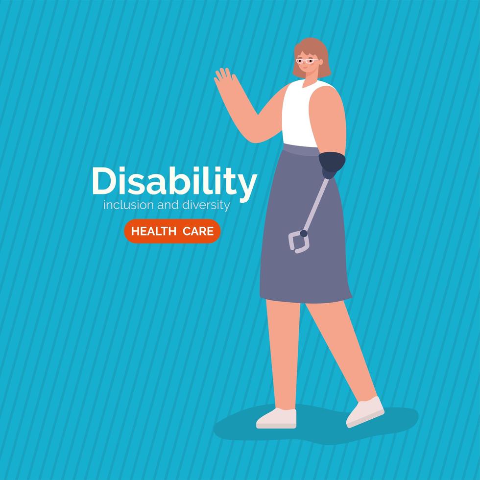 Disability awareness poster with woman with arm prosthesis vector design